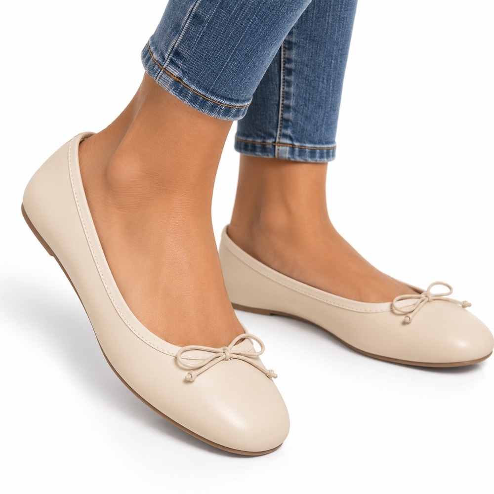 A New Day Cream Faux Leather Bow Ballet Flats Almond Toe Size 10